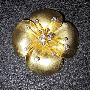 Golden Floral Broach With Rhinestones